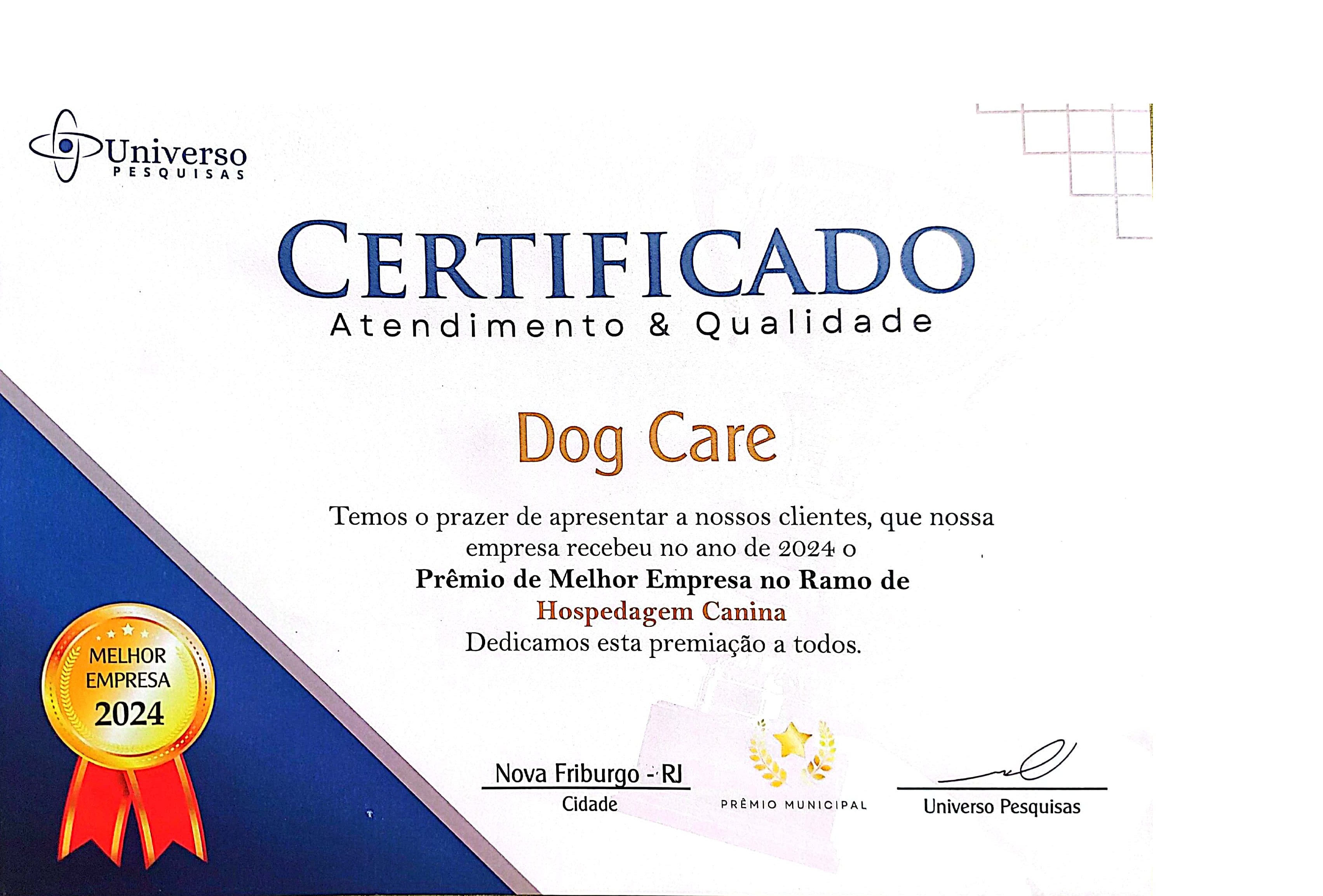 Certificado Melhor Empresa em Hospedagem Canina 2024 - Universo Pesquisas