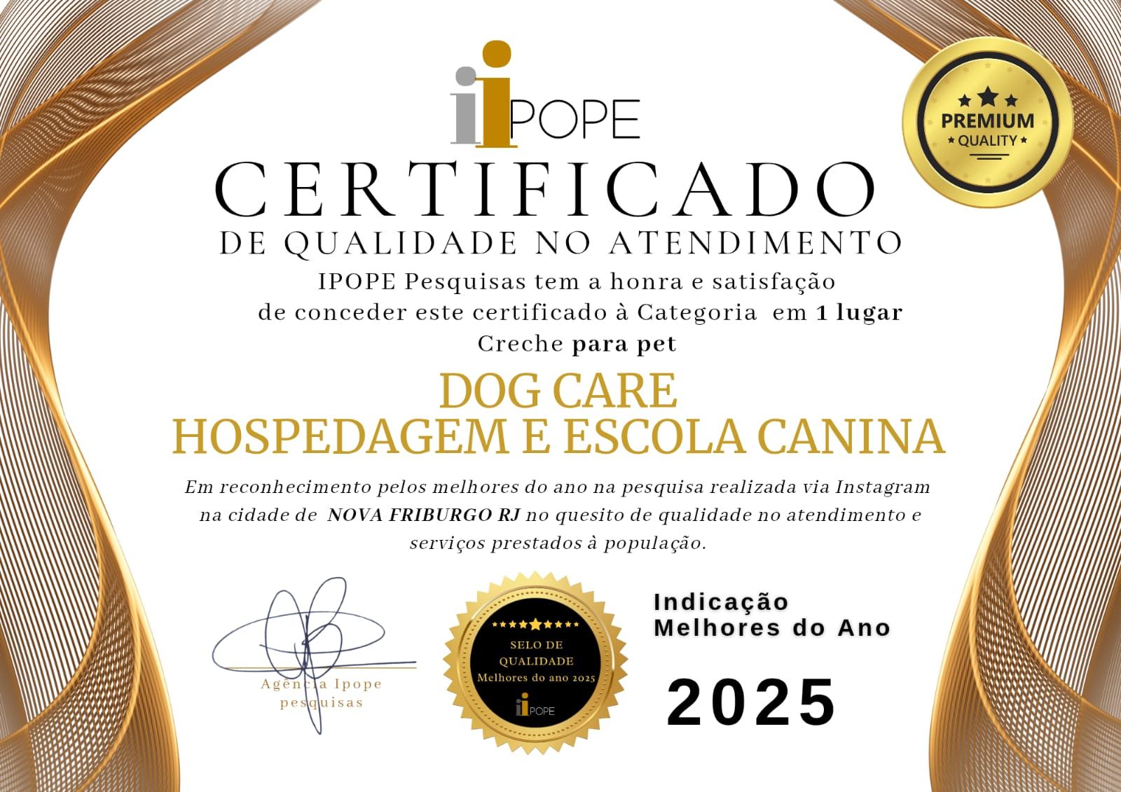 Certificado 1o lugar Creche para Pet 2025 - IPOPE Pesquisas