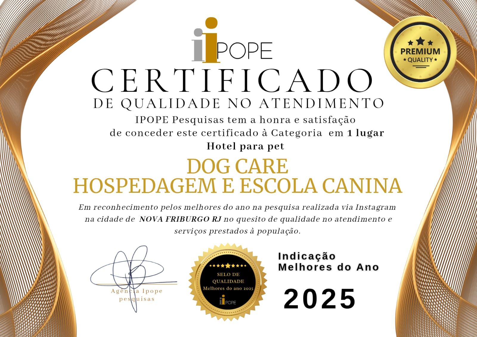 Certificado 1o lugar Hotel para Pet 2025 - IPOPE Pesquisas